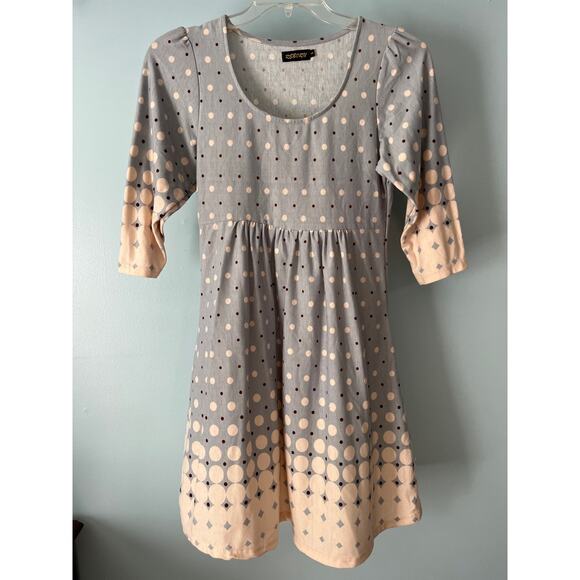 Reborn A Line Knit Dress 3/4 Length Sleeve Blue Pink Polka Dot Women's Small - Picture 1 of 7